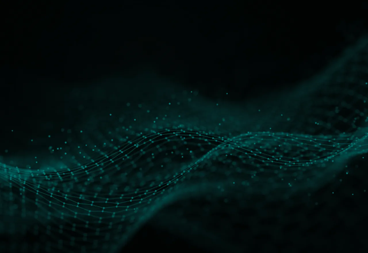 Abstraktes Wellennetz aus Punkten und Linien als Symbol für Datenanalyse, CRM Automatisierung mit Zoho und Performance Marketing für Finanzdienstleister.